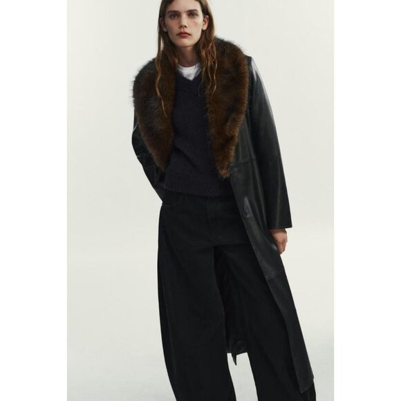 ZARA FAUX LEATHER COAT WITH DETACHABLE COLLAR - Picture 4 of 11